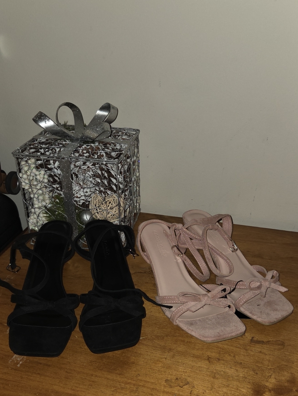 Urban Behavior Two-Tone Bow Block Heel Sandals - Black & Blush